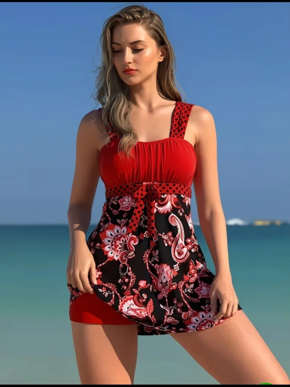 Red Paisley Tankini Two-Piece Swimsuit with Boyshorts - Picture 5 of 9